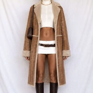 Vintage Y2K Brown Suede Faux Fur Lined Penny Lane Coat Long Jacket Size M